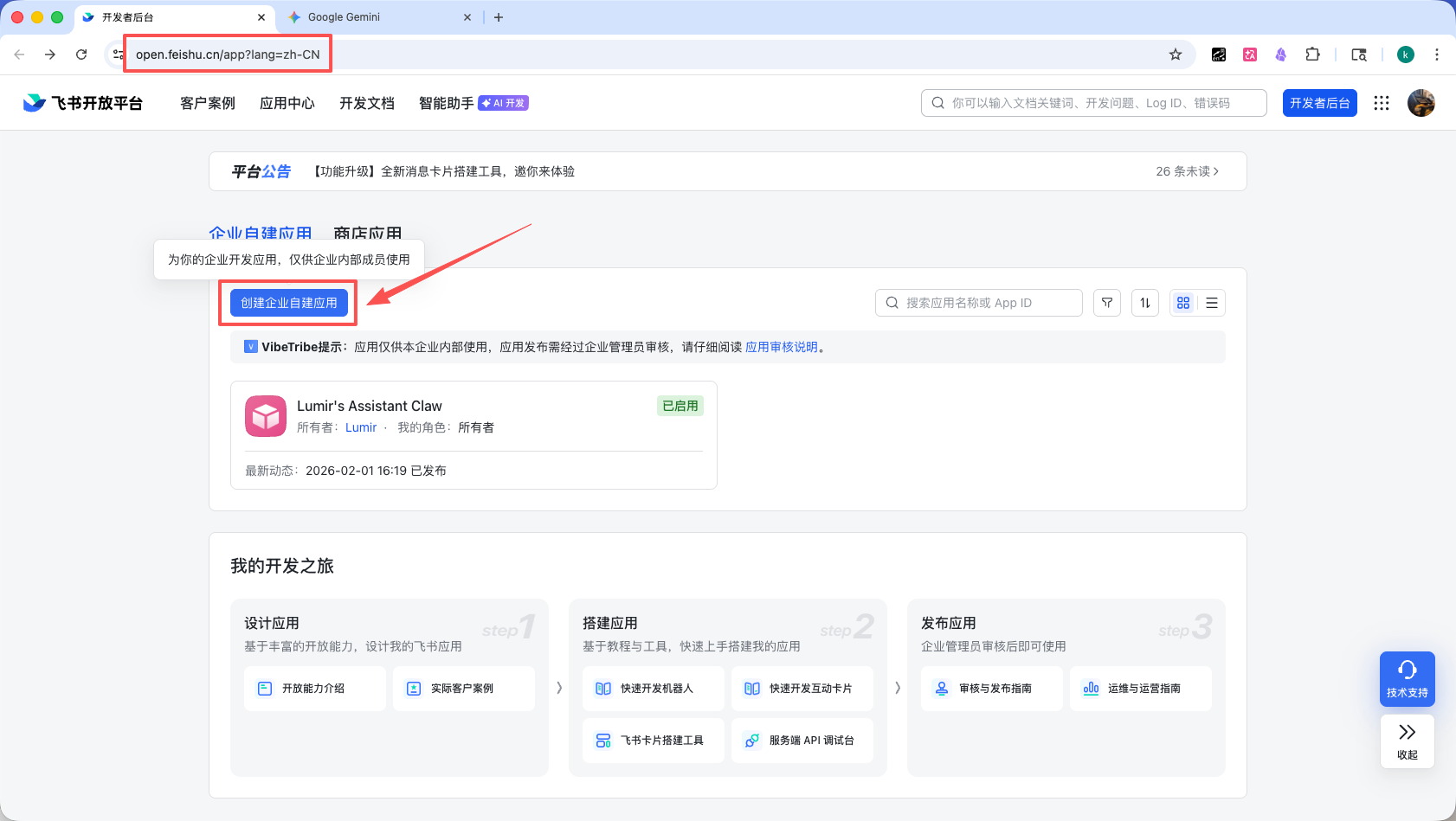 飞书开放平台创建企业自建应用页面
